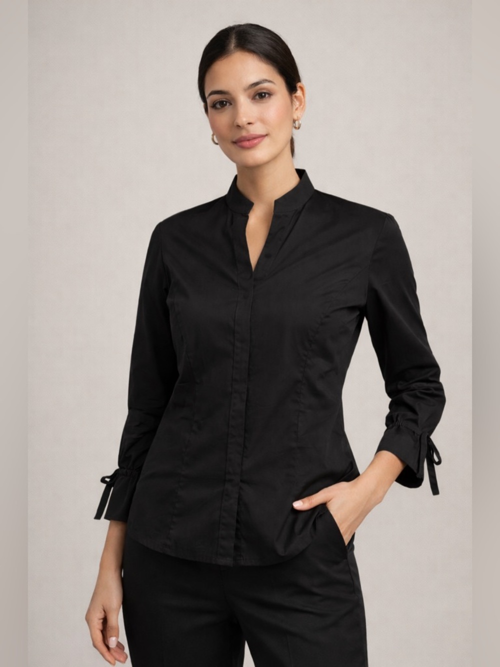 Lafayette 148 NY Black Cotton Blend Blouse Pearl Button Long Sleeve Size 6